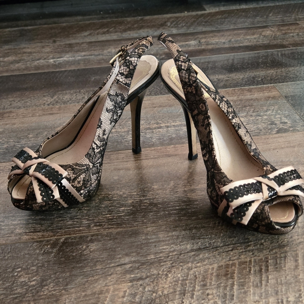 Dior Black Lace Peep-Toe Heels with Bow